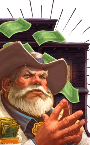 Cartoon cowboy rubbing hands with money falling around him