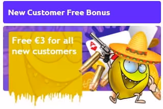 New customer bonus: Free €3 with cartoon characters, a sombrero, and playing card