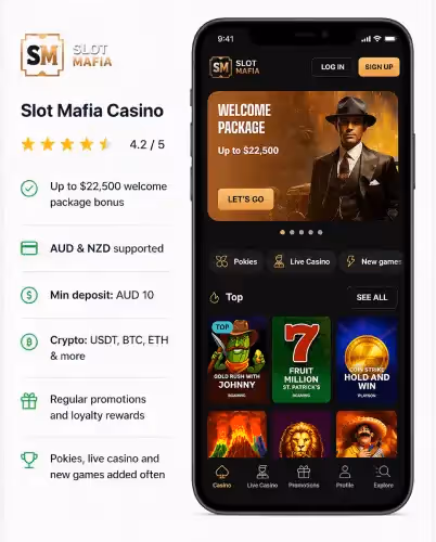 Slot Mafia Casino mobile homepage showing welcome package bonus, pokies games, and live casino navigation on smartphone