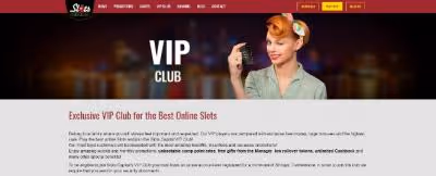 VIP Club banner for an online slots website featuring a woman holding cards