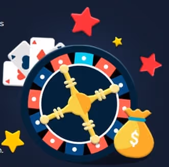 Roulette wheel with cards, money bag, and stars