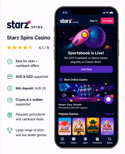 Starz Spins Casino mobile review image showing AUD and NZD support, cashback offers, and slots gameplay on smartphone