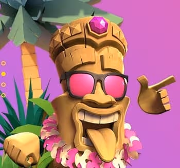 Cartoon tiki figure with sunglasses, a lei, and a thumbs-up gesture, against a purple background