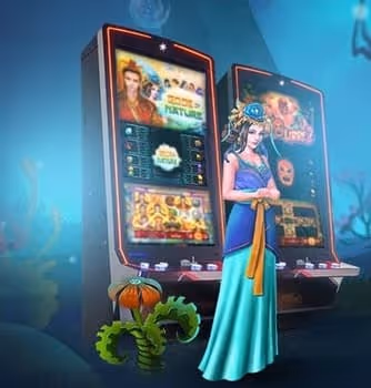 Fantasy woman standing by two glowing slot machines