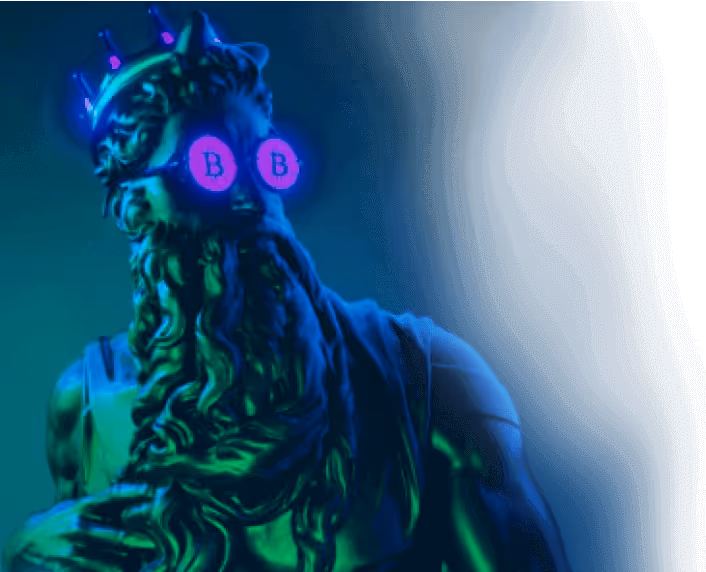 Statue of Neptune with Bitcoin symbol glasses