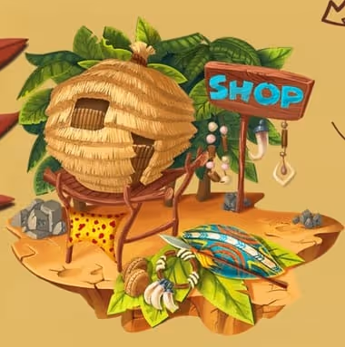 Cartoon jungle shop with hut and tribal items