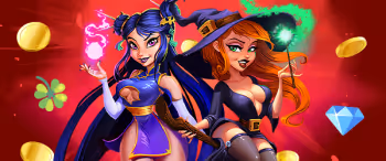 Two cartoon women with magical and lucky symbols