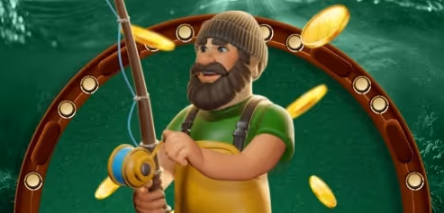 Cartoon fisherman with a rod, surrounded by coins