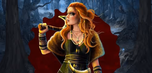 Red-haired woman in Viking-inspired attire with an axe