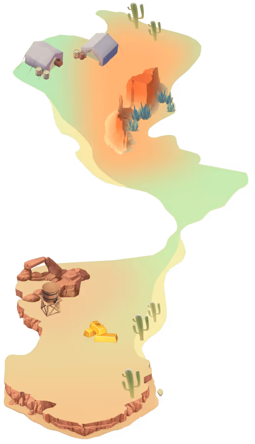 Cartoon map of a desert with gold bars and cacti
