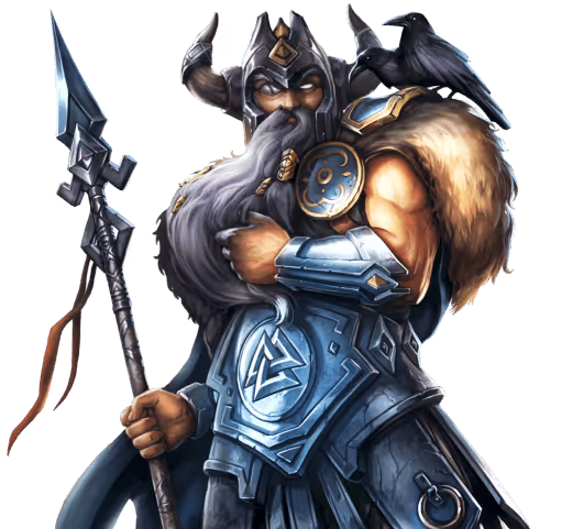 Illustration of a heavily armored Viking warrior with a spear and ravens