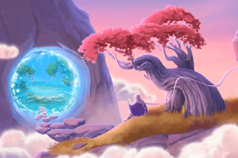 A figure sits near a portal to a vibrant landscape