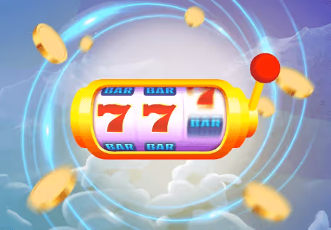 Slot machine with 777 and BAR symbols, surrounded by coins