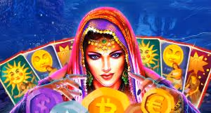 Woman with a headscarf holding Bitcoin and Euro coins, surrounded by tarot cards