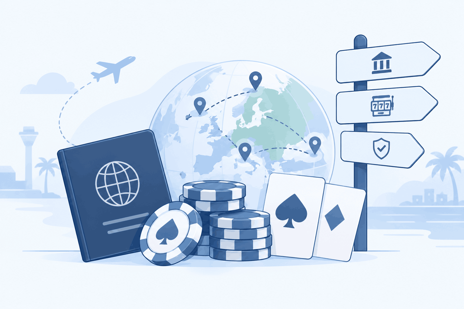 Wereldkaart met buitenlandse casino’s, speelchips en vergunningcontrole